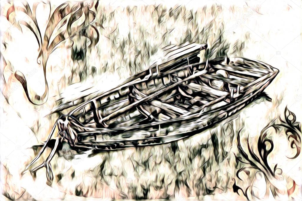 antique boat sea motive drawing handmade illustration