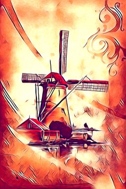 Eski yel değirmeni antika çizim sanatı