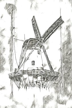 Eski yel değirmeni antika çizim sanatı