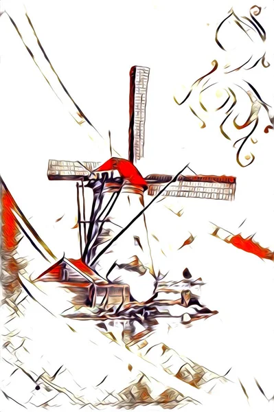 Windmühle Alten Retro Jahrgang Zeichnung Illustration Kunst — Stockfoto