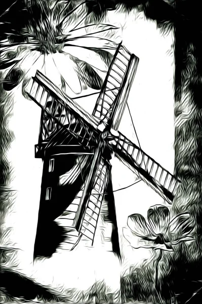 Větrný Mlýn Starý Retro Vinobraní Kreslení Ilustrace Umění — Stock fotografie