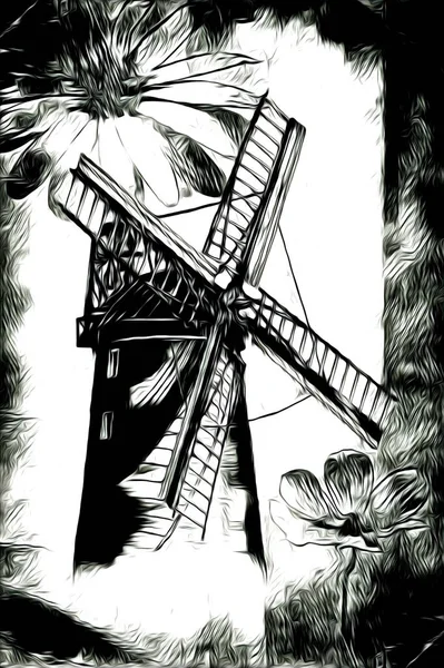 Windmolen Oude Retro Vintage Tekening Illustratie Kunst — Stockfoto