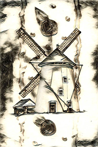 Moulin Vent Ancien Rétro Dessin Vintage Illustration Art — Photo