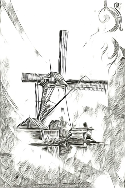Вітряк Старий Ретро Вінтажний Малюнок Ілюстрація Мистецтво — стокове фото