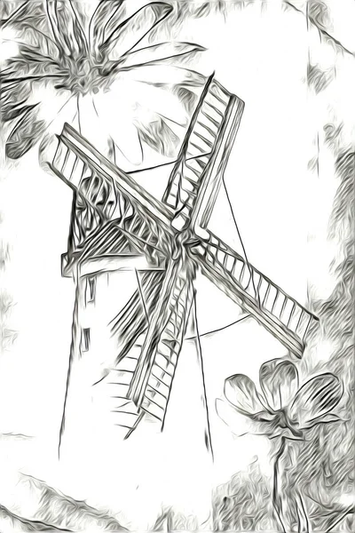 Windmolen Oude Retro Vintage Tekening Illustratie Kunst — Stockfoto