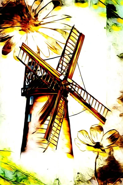 風車旧レトロヴィンテージドローイングイラストアート — ストック写真