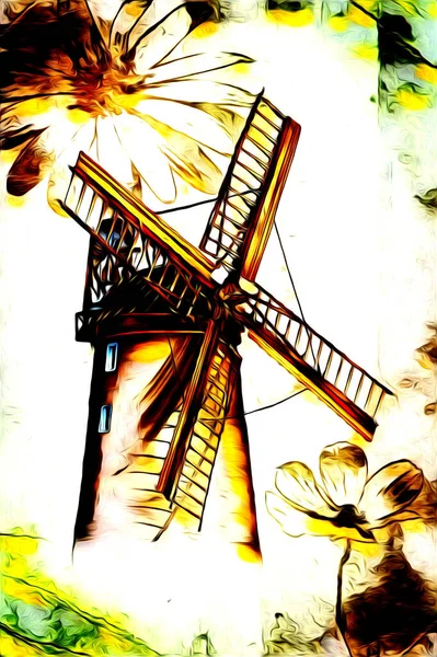 Windmühle Alten Retro Jahrgang Zeichnung Illustration Kunst — Stockfoto