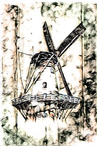 风车旧式复古绘画插图艺术 — 图库照片