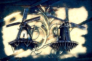 Eski yel değirmeni antika çizim sanatı