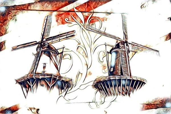 Вітряк Старий Ретро Вінтажний Малюнок Ілюстрація Мистецтво — стокове фото