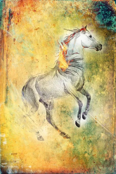 Kolorowy Koń Sztuka Ilustracja Grunge Malarstwo Fotografia Zima — Zdjęcie stockowe