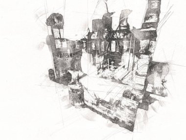 iç tasarım oturma odası ve şömine, sanat, illüstrasyon, antika eskiz