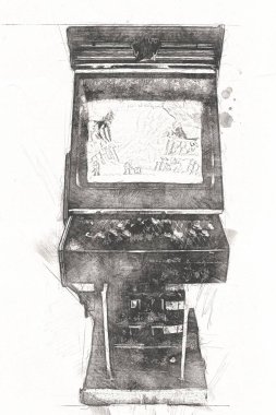 Soyut tasarımı, çizimi ve boyası olan renkli retro oyun makinesi