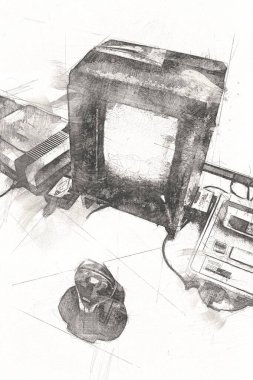 Parlak beyaz arkaplandaki geçmişe dönük bilgisayar oyun denetleyicileri, illüstrasyon