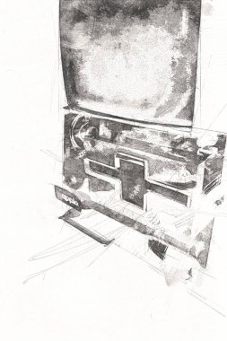 Eski bilgisayar sanatı illüstrasyonu, retro vintage makine, boya, çizim