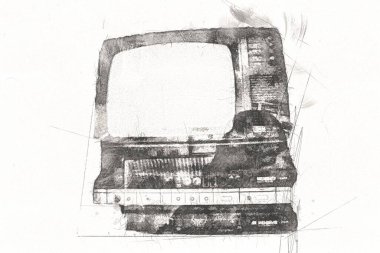 Eski bilgisayar sanatı illüstrasyonu, retro vintage makine, boya, çizim