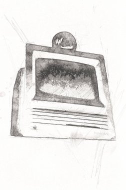 Eski bilgisayar sanatı illüstrasyonu, retro vintage makine, boya, çizim