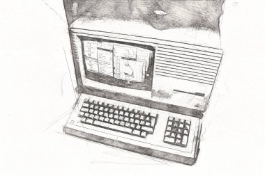 Eski bilgisayar sanatı illüstrasyonu, retro vintage makine, boya, çizim