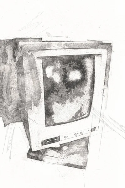 Old computer art illustration, retro vintage machine, paint, sketch