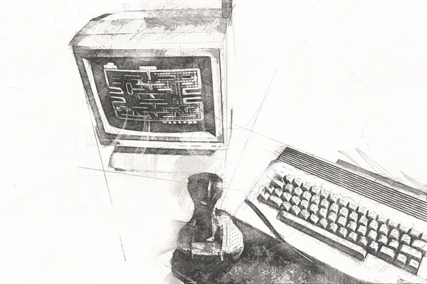 Ilustración Arte Vieja Computadora Máquina Retro Vintage Pintura Boceto —  Fotos de Stock