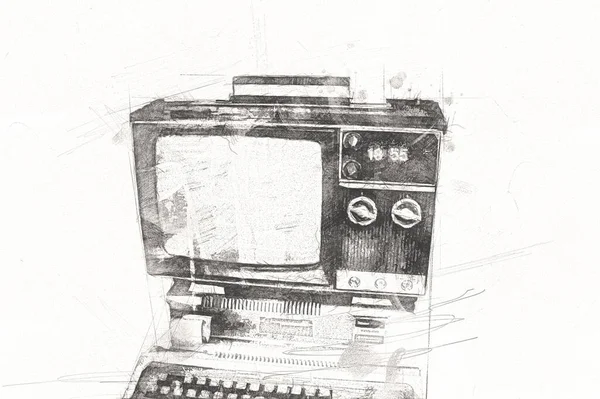 Ilustração Arte Computador Velho Máquina Vintage Retro Pintura Esboço — Fotografia de Stock