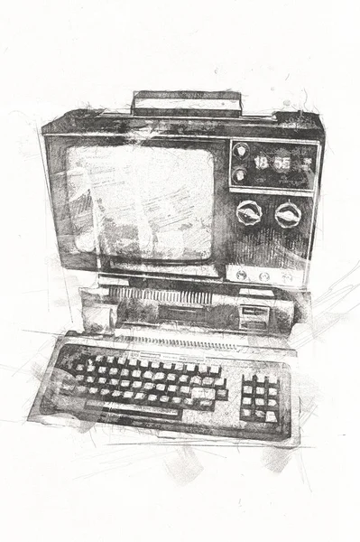 Vecchio Computer Art Illustrazione Retrò Vintage Macchina Vernice Schizzo — Foto Stock