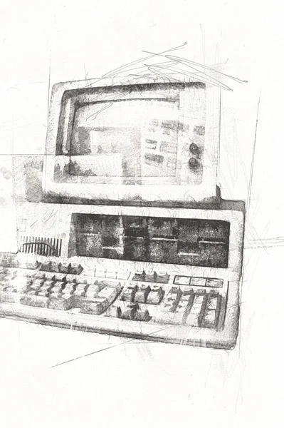 Old computer art illustration, retro vintage machine, paint, sketch