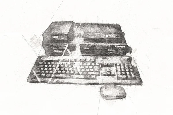 Old computer art illustration, retro vintage machine, paint, sketch