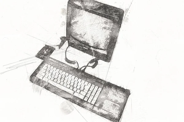 Old computer art illustration, retro vintage machine, paint, sketch