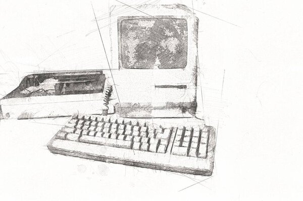 Old computer art illustration, retro vintage machine, paint, sketch