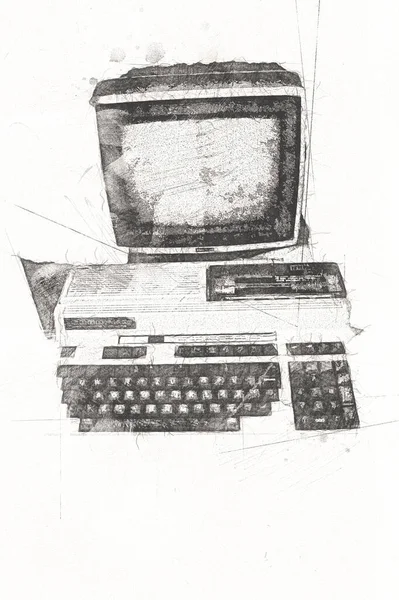 Old computer art illustration, retro vintage machine, paint, sketch