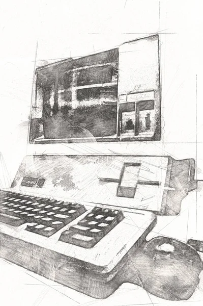 Old computer art illustration, retro vintage machine, paint, sketch