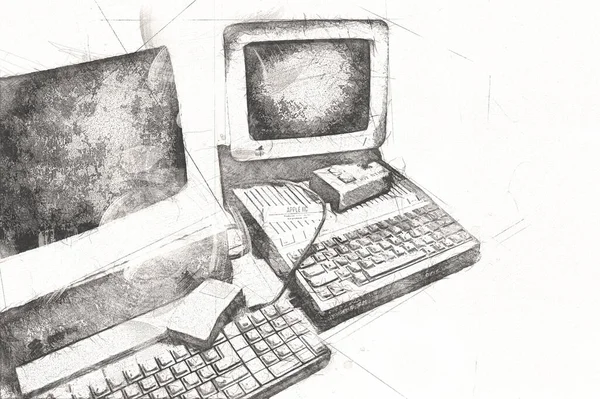 Old computer art illustration, retro vintage machine, paint, sketch