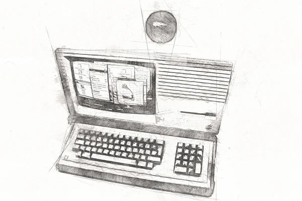 Old computer art illustration, retro vintage machine, paint, sketch