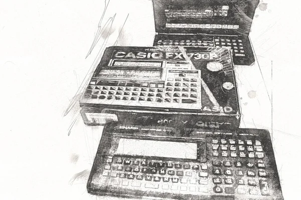 Old digital calculator illustration, drawing, paint, art