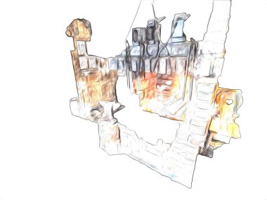 Şatafatlı iç tasarım oturma odası ve şömine güzel bir saray, iç mekan, eski, ortaçağ tarihi sanat illüstrasyonu antika eskiz.