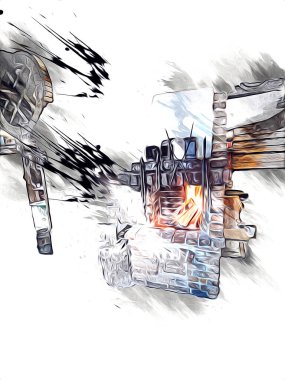 Şatafatlı iç tasarım oturma odası ve şömine güzel bir saray, iç mekan, eski, ortaçağ tarihi sanat illüstrasyonu antika eskiz.