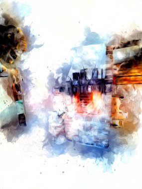 Şatafatlı iç tasarım oturma odası ve şömine güzel bir saray, iç mekan, eski, ortaçağ tarihi sanat illüstrasyonu antika eskiz.