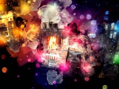 Şatafatlı iç tasarım oturma odası ve şömine güzel bir saray, iç mekan, eski, ortaçağ tarihi sanat illüstrasyonu antika eskiz.