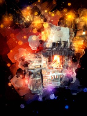 Şatafatlı iç tasarım oturma odası ve şömine güzel bir saray, iç mekan, eski, ortaçağ tarihi sanat illüstrasyonu antika eskiz.