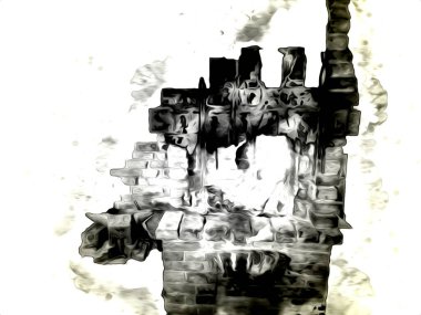 Şatafatlı iç tasarım oturma odası ve şömine güzel bir saray, iç mekan, eski, ortaçağ tarihi sanat illüstrasyonu antika eskiz.