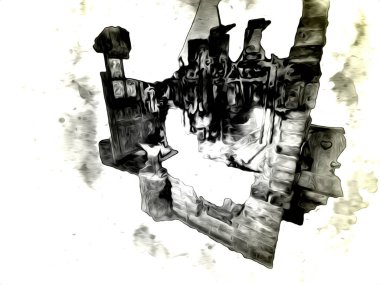 Şatafatlı iç tasarım oturma odası ve şömine güzel bir saray, iç mekan, eski, ortaçağ tarihi sanat illüstrasyonu antika eskiz.