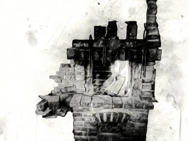 Şatafatlı iç tasarım oturma odası ve şömine güzel bir saray, iç mekan, eski, ortaçağ tarihi sanat illüstrasyonu antika eskiz.