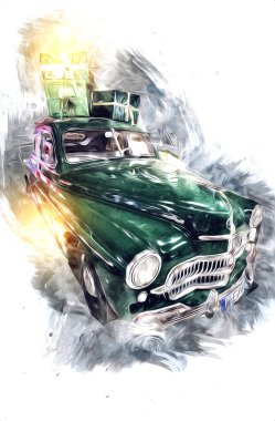 Klasik Retro Klasik Eski Araba Çizimi