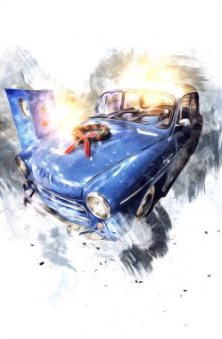 Klasik Retro Klasik Eski Araba Çizimi