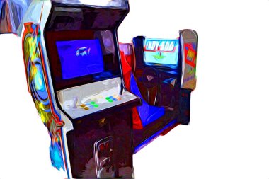 Soyut tasarımı, çizimi ve boyası olan renkli retro oyun makinesi