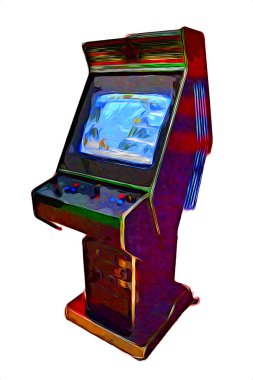 Soyut tasarımı, çizimi ve boyası olan renkli retro oyun makinesi