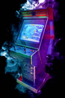 Soyut tasarımı, çizimi ve boyası olan renkli retro oyun makinesi