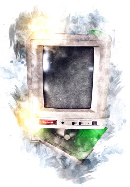 Eski bilgisayar sanatı illüstrasyonu, retro vintage makine, boya, çizim