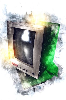 Eski bilgisayar sanatı illüstrasyonu, retro vintage makine, boya, çizim